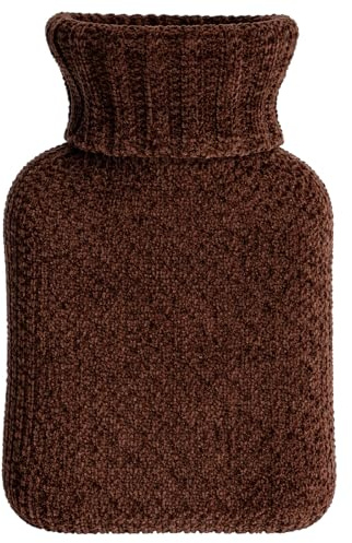 MIJOMA Varmvattenflaska 0,5 l med mjukt stickat överdrag – liten gummivarmvattenflaska med chenille-fodral – perfekt för mage, rygg och barn – naturlig värme för hem och på språng (brun)