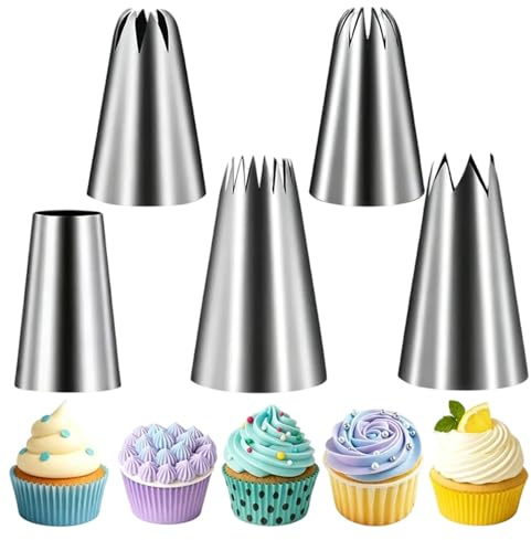WUMZIRA Set 5 Beccucci Sac a Poche Professionali in Acciaio Inox, Bocchette Grandi Senza Saldatura per Decorazione Torte, Cupcake, Accessori Pasticceria Essenziali