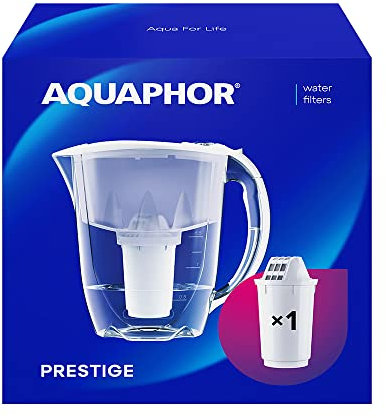 AQUAPHOR Wasserfilter Kanne Prestige Weiß inkl. 1 A5 Filter I Karaffe für 2,8l I Passt in die Kühlschranktür I Reduziert Kalk & Chlor I Tischwasserfilter I Praktische Filterkanne