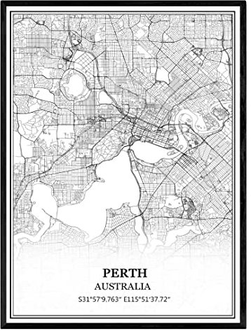 Perth Australien karta väggkonst canvas tryck affisch konstverk oinramad modern svart och vit karta souvenir gåva heminredning -28 x 35 cm