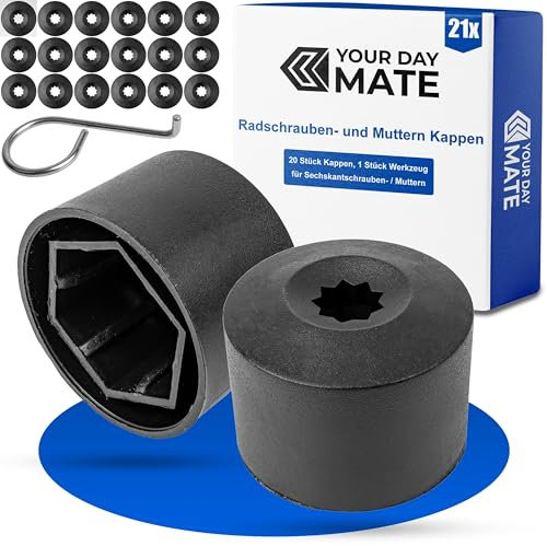 Your Day Mate Set di Tappi per bulloni e Dadi Ruota, 21 Pezzi, per bulloni e Dadi esagonali da 17 mm, Ø Minimo del Foro del bullone del Cerchio 31 mm, Tappi per Dadi Ruota in Nero Opaco, 1 x utensile