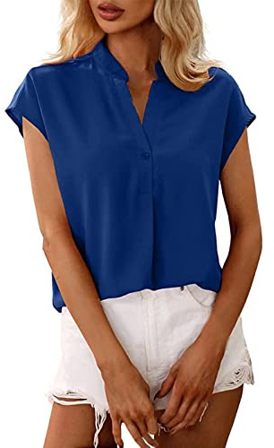 L9WEI Blusa suelta de gasa para mujer, manga corta, elegante, cuello alto, cómodo, informal, cuello en V, camisetas de verano