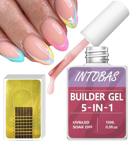 INTOBAS 5-IN-1 Builder Gel Für Nägel Nude, Gel Nagellack UV Set Mit Nagelformen 100 Stück, Aufbaugel Für Nägel UV/LED, Nail Builder Gel Für Nagelverlängerungen, Verlängerungen, Nagelkunst, Aufkleber