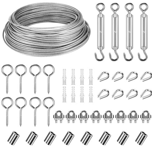 30m Φ 3mm Kit de cables de acero inoxidable para colgar, cable de acero recubierto de PVC con Tensor Cuerda M5 para plantas trepadoras, tendedero exterior, lámpara colgante