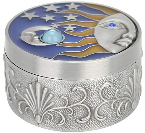 Leopacat Trinket Box, Round Jewelry Box with Star Moon Pattern Decorative Tin Organiser with Lids Flannelette Lining for Ring Necklaces Earrings Bracelets Keepsake Display Organizer(Tin Edge)
