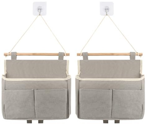 4 Pcs Wall Hanging Storage, High Capacity Hanging Storage Bag with Pockets, Waterproof Linen Fabric Hanging Organizer with 2 Hooks, Wall Orgalniser Bag for Bedroom Kitchen