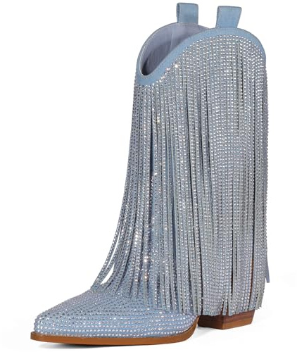 HICLOTSA Cowboy Boots for Women - Cowgirl Western Rhinestone Sparkly Fringe Chunky Heel Pointed Toe Ankle Boots