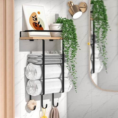 PENGARO Handtuchhalter für Badezimmer, Gäste wc Handtuchhalter, Rolled Towel Holder Handtuchregal mit Bohren, Handtuchstange Mit Ablage Bad Regal Wand Handtuch Aufbewahrung, Schwarz