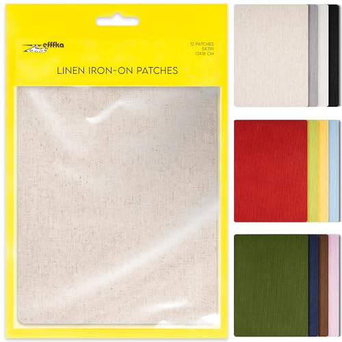 ZEFFFKA 12 Pack Toppe Termoadesive in Lino Kit di Riparazione per Abbigliamento Camicie Pantaloni Vestiti Aspetto Naturale Adesivo Forte 12 Colori 30 Percento Lino 70 Percento Cotone 13 x 18 cm