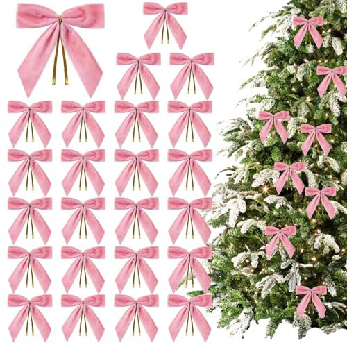 24 Lazos Rosas para árbol de Navidad, Lazos de Terciopelo para árbol de Navidad, Lazos de decoración de Navidad borgoña, Lazos de Terciopelo para decoración de Navidad, 3.5 x 3.5 Pulgadas