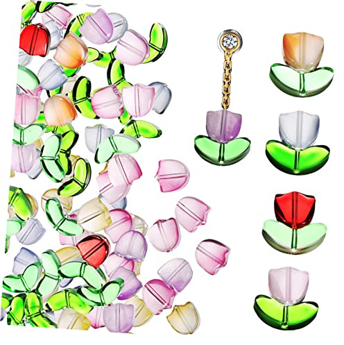 Angoily Perline di Vetro Traslucide a Forma di Fiore di Tulipano 80 Pezzi Superficie Liscia e Tocco Confortevole Kit Fai da Te per Creazione Braccialetti e Collane