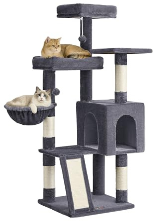 Feandrea Árbol para Gatos, Rascador de Gatos, Torre con Postes y Rampa Rascador, 3 Grandes Plataformas, 1 Cueva, 1 Hamaca, 2 Pompones, Altura 136 cm, Gris Oscuro PCT012GS01