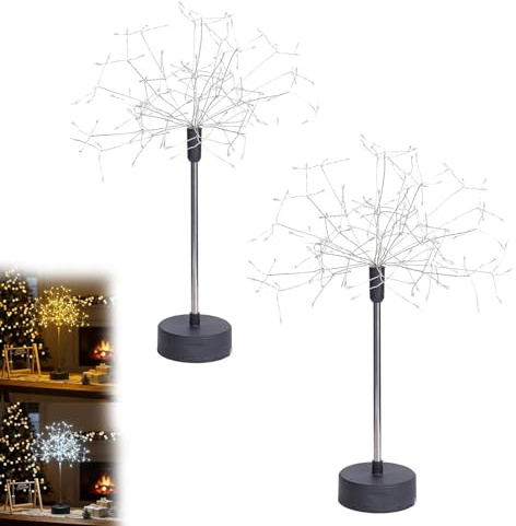 Mini Table Lights Fireworks, Dandelion Starburst Silver Lights, Warm White Decorative, Battery/USB Led Christmas Starburst Firework Lamp, for Party, Home (2COOL)