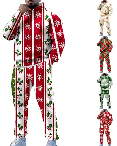 2-delad julkostymer herr rolig snöflinga rutig jultomte träningsoveraller överdimensionerad jul sweatsuit långärmad huvtröjor och träningsbyxor joggingset semester sport gym kläder med fickor