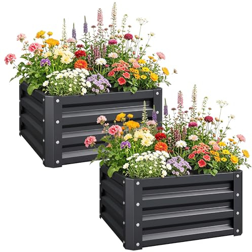 Outsunny Lot de 2 jardinières surélevées en Acier galvanisé 60 x 60 x 30,5 cm, Carre Potager de Jardin pour légumes, Fleurs et Herbes, Gris