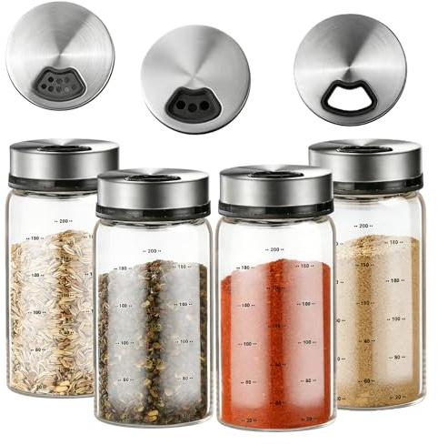 VEGOATY 4 barattoli per spezie con coperchio girevole: barattoli per spezie da 200 ml con 4 tipi di fori per spezie, resistente all'umidità, in vetro borosilicato con coperchio in acciaio inox 304