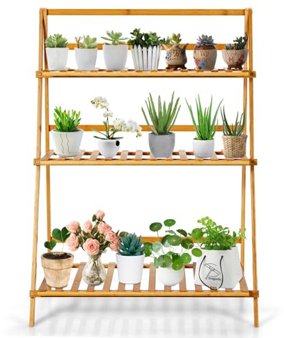 FANTASK Escalera plegable para plantas de 3 niveles, para interior y exterior, soporte para flores de bambú, escalera para plantas, estantería para flores (natural)