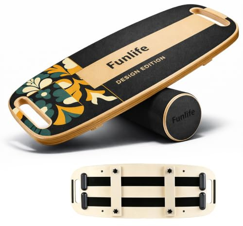 FunLife MOVE Planche d'équilibre en bois avec roulette – Appareil d'équilibre professionnel avec système d'équilibre à 3 niveaux, entraînement de base, fitness et stabilité, jusqu'à 150 kg