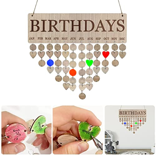 OVAQUIXI Familjens Födelsedagskalender Trävägghängande Födelsedagskalender 40 Cm X 12 Cm Gör-det-själv-påminnelsestavla med 100 Träetiketter och Månadsskivor för Kök, Vardagsrum (JM01066)