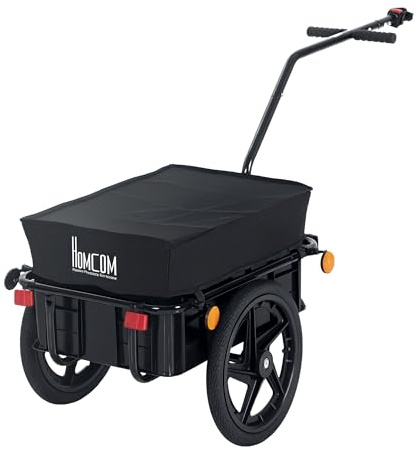 HOMCOM Remolque de Bicicleta para Carga 40 kg, Carro de Mano con Cubierta de Tela Oxford Impermeable, Reflectores, Marco de Acero y Asas para Transporte de Equipaje, 144x59x80 cm, Negro