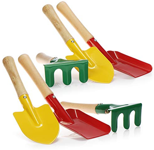 COM-FOUR® Ensemble d'outils de Jardin 6 pièces pour Enfants - Petit râteau, Pelle et bêche en métal et Bois Robustes, Parfaits pour Le Jardinage, la Plage et Le bac à Sable (Ensemble 2)