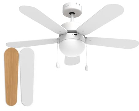 UNIVERSALBLUE Ventilateur de plafond avec lumière, 5 pales réversibles, blanc, marron, silencieux, 3 vitesses