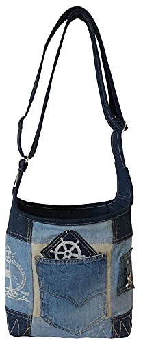 Sunsa Damen Hobo Tasche. Nachhaltige Umhängetasche aus recycelter Jeans & Canvas. Vintage Stil Maritim Tasche für Meerliebhaber in blau/beige