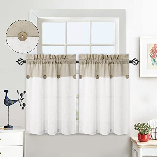 LuxFocus Lot de 2 petits rideaux patchwork avec boutons, décoration mi-courte, aéré, effet lin, 2 x 69 cm x 91 cm, beige