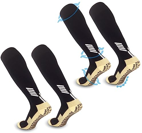 FIBOGOUP 2 Pairs of Grip Socks Football | Football socks for adults and kids | Universal size | Flexible breathable Sports Socks (Black,L)