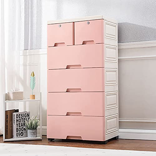 6-Schublade Kunststoff Kommode Aufbewahrungsschrank, Stapelbare Boden Schrank Kommode Organizer mit Schloss, Freistehende Schrank Organizer Einheit für Home Office Schlafzimmer Badezimmer (Rosa)