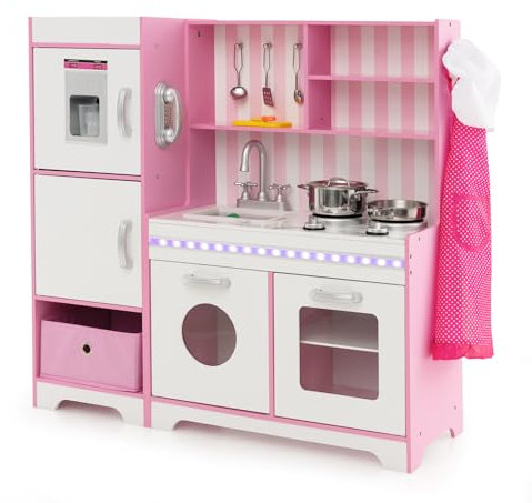 COSTWAY Kids Play Kitchen, Wooden Pretend Cooking Playset with Adjustable LED Lights, Removable Fabric Bin, Ice Maker, Refrigerator & Abundant Accessories, Toddler Chef Toy Set for Boys Girls 3+