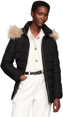 Tommy Hilfiger Women's Long Heritage Down Tyra Jacket with Fur, Black (Black), S