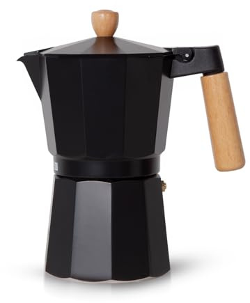 Royalford Italian Espresso Coffee Maker - Italian Style Stovetop Moka Pot with Safety Valve, Filter Included (6 Cups/300ML) - Traditional Coffee Maker with Wooden Handle & Knob, Aluminium, Black