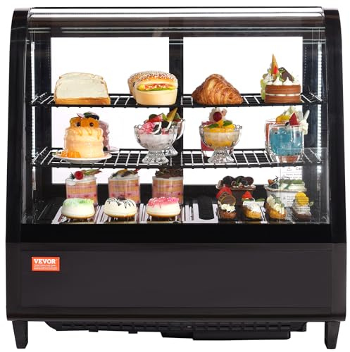 VEVOR 3.5 Cu.Ft Countertop Pastry Case ETL NSF DOE Certified Commercial Display Refrigerator with LED Lighting, Turbo, Frost-Free Air-Cooling, Rear Sliding Door, Curved, Black