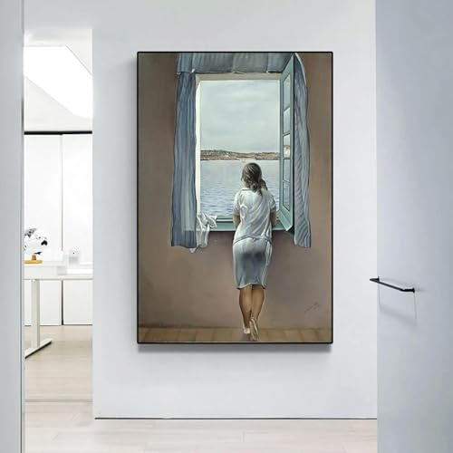 LSYALUCK Artista Salvador Dalí Mujer en la ventana Lienzo Pinturas al óleo carteles e impresiones Imágenes artísticas de pared para la decoración de la sala de estar 80x100cm (32x39in) Sin marco