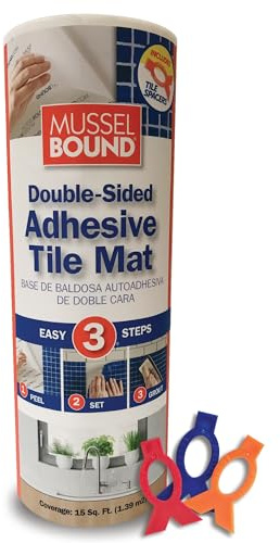 MusselBound® Adhesive Tile Mat with Spacers - a Strong Double-Sided Adhesive that Replaces Messy Mortar. Clean, Easy, No-Stress Way to Install Real Wall Tile. Lower Total Cost Than Peel & Stick Tiles