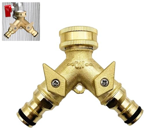 Solid Brass Double Hose Connector for Outdoor Tap and Garden Hoses – Snap On Y Garden Tap Fitting，with Individual On/Off Valves, Yellow