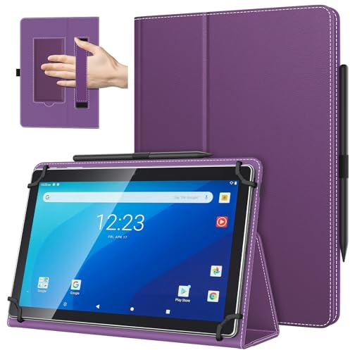 TiMOVO Custodia Universale per Tablet Android 10,1 Pollici con Anello per Penna, Cover Leggera e Pieghevole in Piedi con Cinghia a Mano per Tutti i Tablet Touchscreen da 9,6-11 Pollici, Viola Scuro