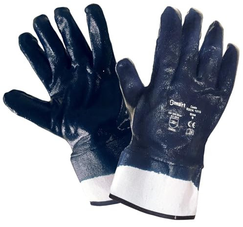 Generico Guanti da lavoro blu/bianco NBR spalmati nitrile, resistenti all'abrasione, oli, idrocarburi e agenti chimici con polsino di sicurezza, benzinai, taglia tg. 9/10, 10 paia (9)