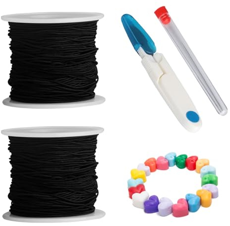2 Rolls Stretchy Elastic Cord, 1mm x 50m Black Bracelet Elastic String for Bracelets Necklace Jewelry Making, Bracelet Making String for Beading Knotting Wrapping and DIY Arts Crafts (Black)