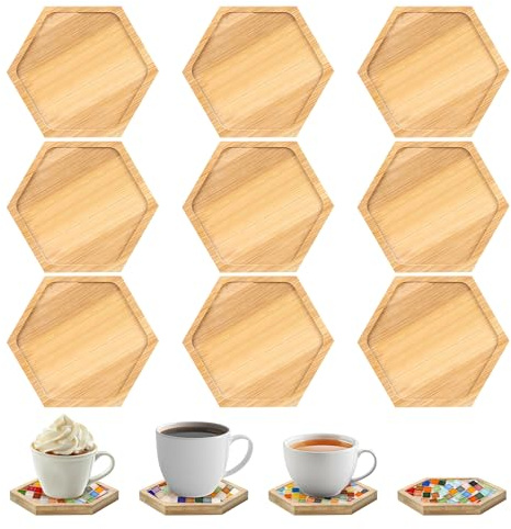 Fentar 9 stycken underlägg i bambu, sexkantiga, 10 cm (4 tum) träunderlägg för koppar, kaffe, ljus, soffbord, dekor, vardagsrumsdekor, gör-det-själv, träunderlägg för pyssel