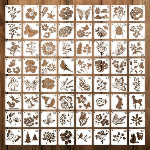 Zegnuem Juego de 64 plantillas de jardín de isla verde, páginas para colorear reutilizables de material PET para álbumes de recortes, madera, suelo y decoración de pared (7,62 x 7,62 cm)