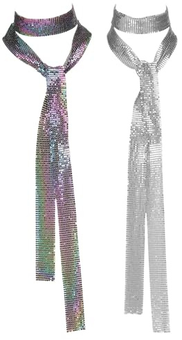 QUARKZMAN 2 Pezze Sciarpe Con Paillettes, Punk Metal Cravatta Lunghe Sciarpe Sottili Lucide Con Paillettes Larghe Collana Per Accessori Donna Party Serata Banchetto, Colorato/Argento