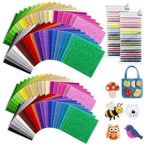 YinnFeen 80 Piezas Fieltro para Manualidades, 40 Colores Láminas de Fieltro de Poliéster de 10-15 cm, Fieltro de Colores con Hilo de Bordar para Costura DIY Manualidades Patchwork