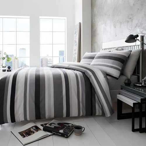 Happy Linen Company Simply Stripes Black Charcoal Grey White King Reversible Duvet Cover Bedding Set