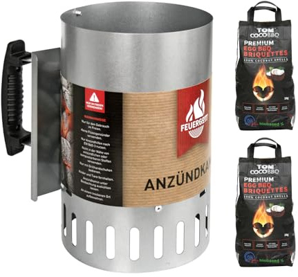 FEUERGOTT Anzündkamin Big XXL + Tom Coco Grill-Kokoskohlebriketts 2er-Pack (6 kg) Grillkohle Grillanzünder mit natürlichem Zugmechanismus hitzebeständiger Griff und Hitzeschutzblech