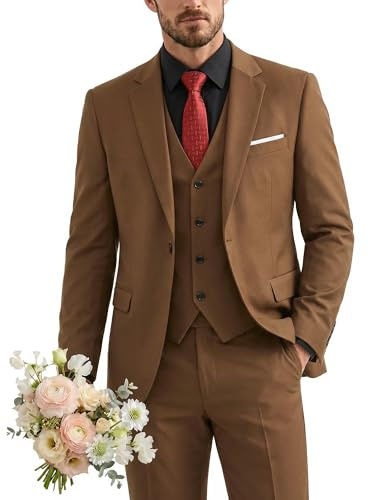 YND Completo da uomo slim fit, 3 pezzi, giacca a tinta unita con un bottone, gilet, pantaloni, con cravatta, cachi, L
