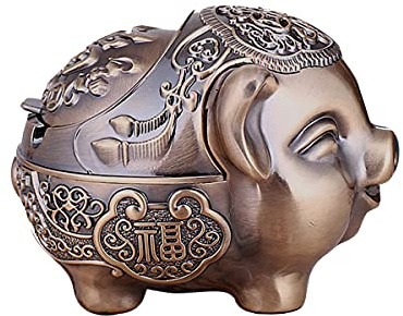 LIABI Pig Ashtray, Windproof Ashtray with Lid Portable Cigarette Odor Ashtrays Holder for Outdoor Indoor Smokers, Vintage Metal Desktop Smoking Tobacco Ash Tray for Home Office Decoration (Bronze)