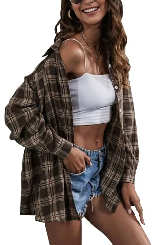 Lumister Women's Casual Oversized Plaid Shirt Long Sleeve Button Down Shirt Blouse Tops(0075-Coffee-XL)