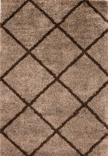 Teppich-Home Hochflor Wohnzimmer Shaggy weich modern Rauten Muster Grau Anthrazit Creme Schwarz Rot Lila Beige, Farbe:Nougat, Maße:140x200 cm